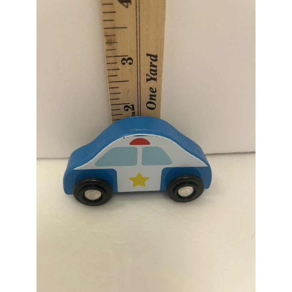 Blue White Police Car Toy Small Wood Vehicle Kids Cute Fun Play Star Design